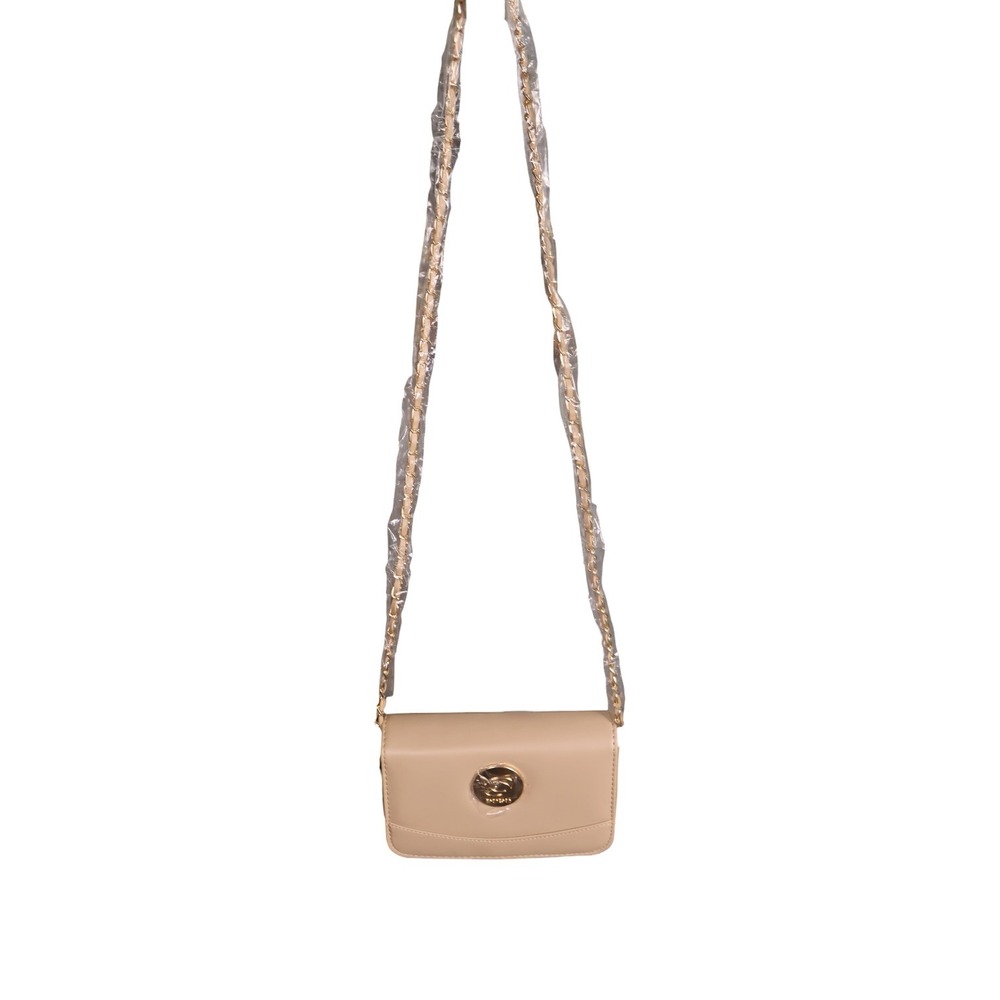 bebe Melendy Womens Beige Nude Tan Flap Crossbody Bag Gold Chain Strap Purse NWT
